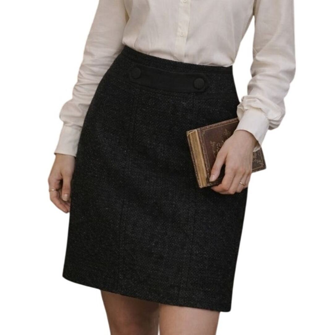 Nanette Lepore Academia Tweed Wool Pencil Skirt Size 8 Black Preppy Quiet Luxury